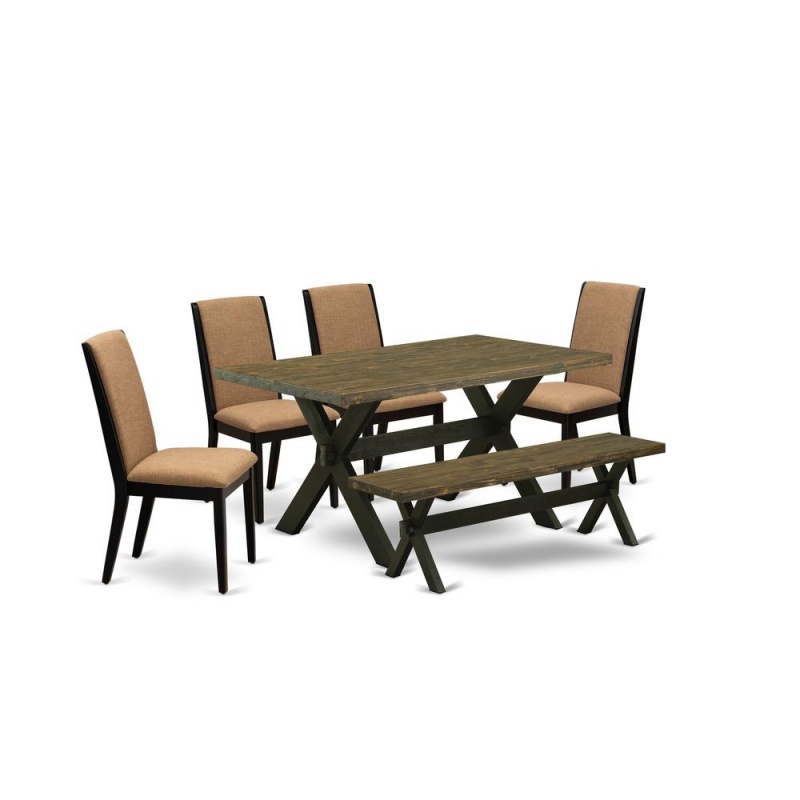 East West Furniture X676la147-6 6-Piece Stylish Rectangular Table Set An Excellent Distressed Jacobean Kitchen Table Top And Distressed Jacobean Dining Room Bench And 4 Attractive Linen Fabric Kitchen