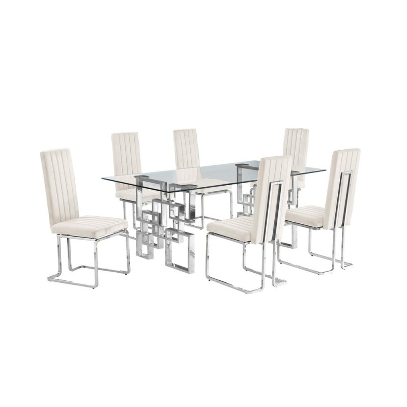7-Piece Glam Dining Set With 6 Cream Side Chairs And One 79" Glass Dining Table