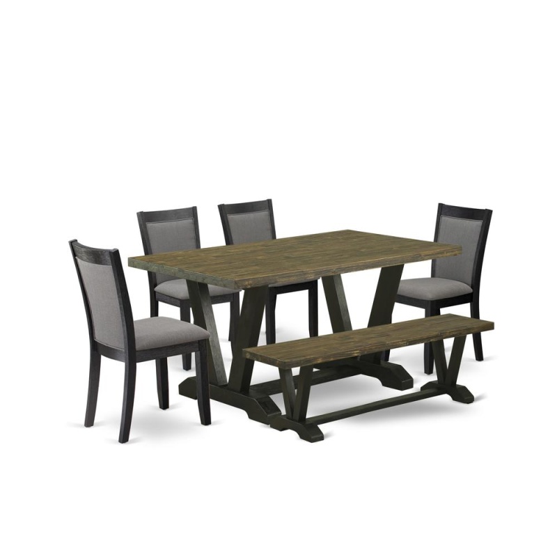V676mz650-6 6 Pc Dining Set - Distressed Jacobean Table With Bench And 4 Dark Gotham Grey Chairs - Wire Brushed Black Finish