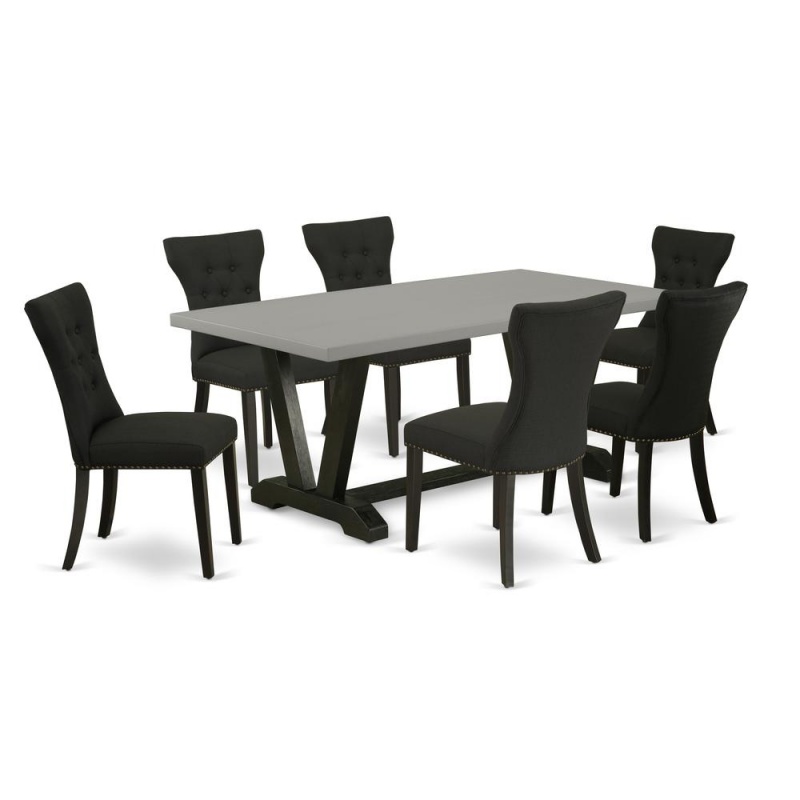 East West Furniture V697ga124-7 7-Pc Modern Dining Set - 6 Dining Chairs And 1 Modern Rectangular Cement Kitchen Dining Table Top With Button Tufted Chair Back - Wire Brushed Black Finish