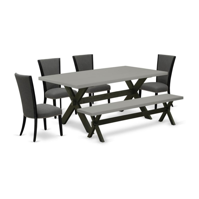 East West Furniture X697ve650-6 6 Piece Dining Set - 4 Dark Gotham Grey Linen Fabric Comfortable Chair With Nailheads And Cement Wooden Dining Table - 1 Small Bench - Black Finish