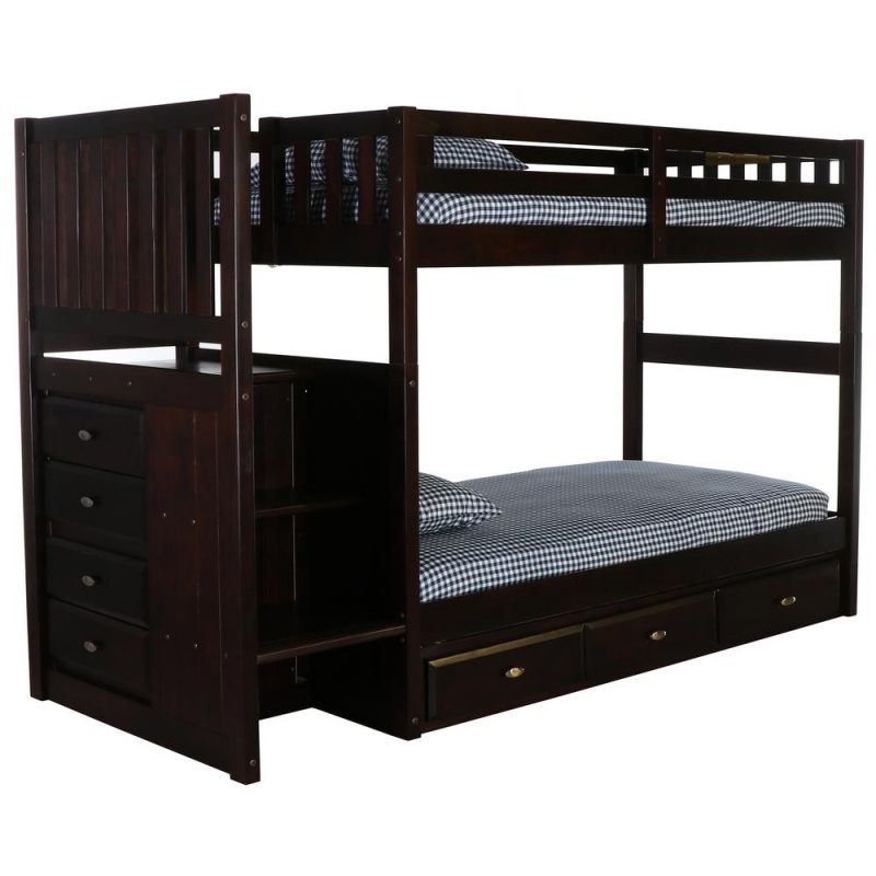 Os Home And Office Furniture Model Solid Pine Mission Staircase Twin Over Twin Bunk Bed With Seven Drawers In Dark Espresso