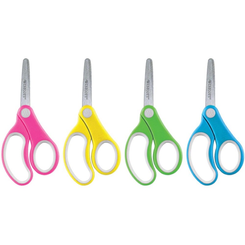 Westcott Teachers 5" Kids Soft Handle Blunt Scissors - 5" Overall Length - Straight-Left/Right - Stainless Steel - Blunted Tip - Assorted - 12 / Pack