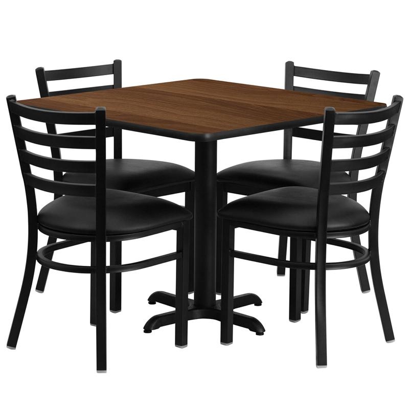 36'' Walnut Table Set With X-Base And 4 Metal Chairs - Black Vinyl Seat