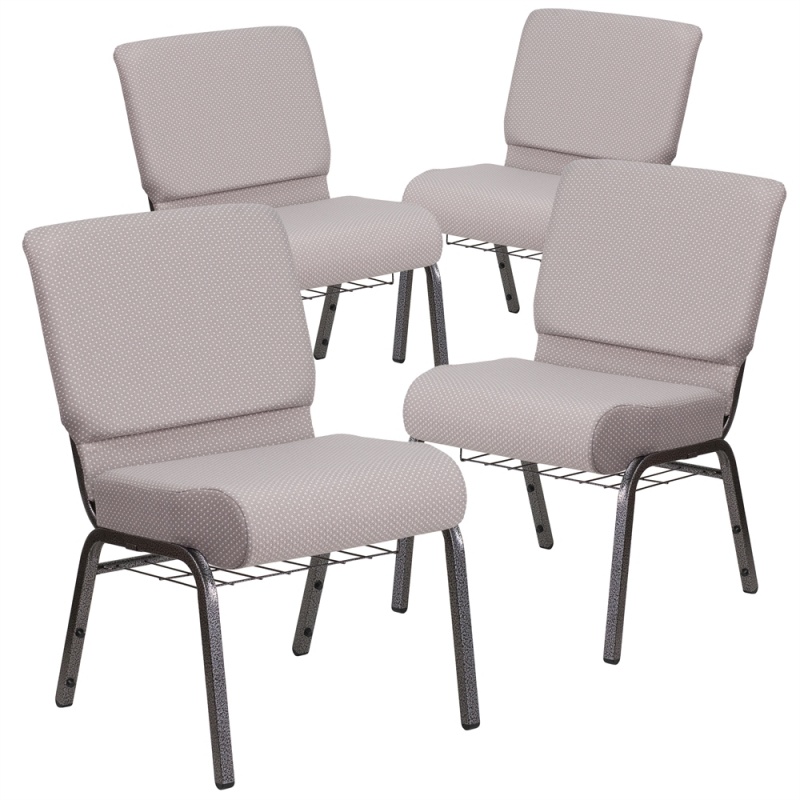 4 Pk. Hercules Series 21'' Wide Gray Dot Fabric Church Chair With 4'' Thick Seat, Book Rack - Silver Vein Frame