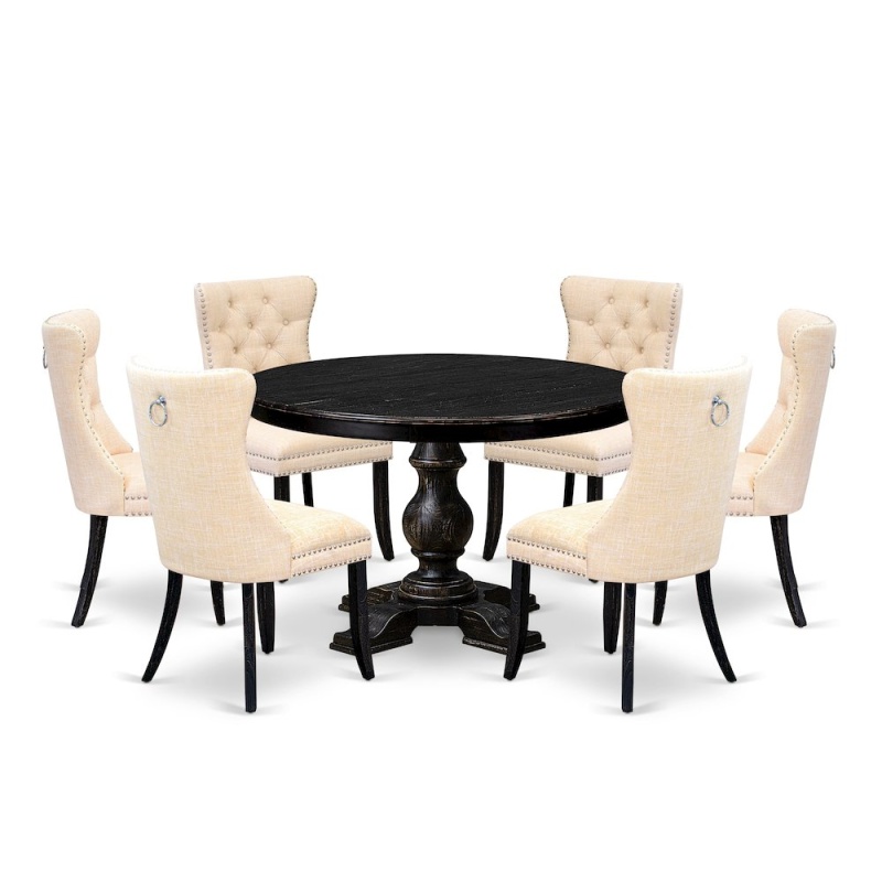 7-Pc Dinette Set with 6 Light Beige Linen Fabric Dinner Chairs