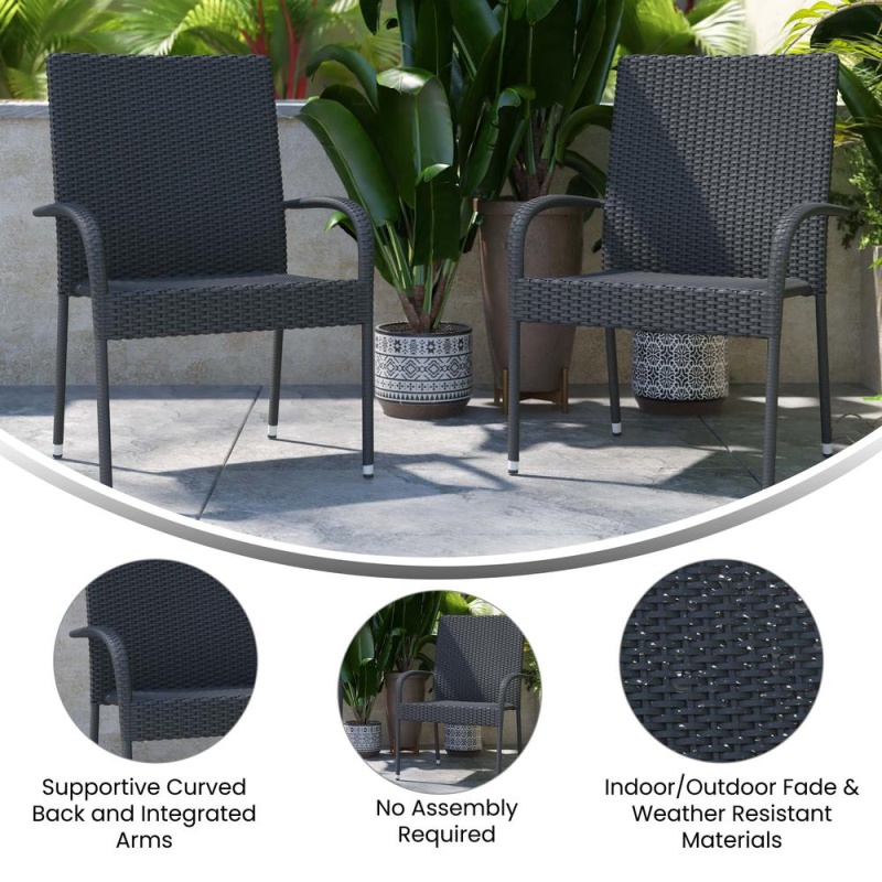 Maxim Set Of 2 Stackable Indoor/Outdoor Wicker Dining Chairs With Arms - Fade & Weather-Resistant Steel Frames - Gray