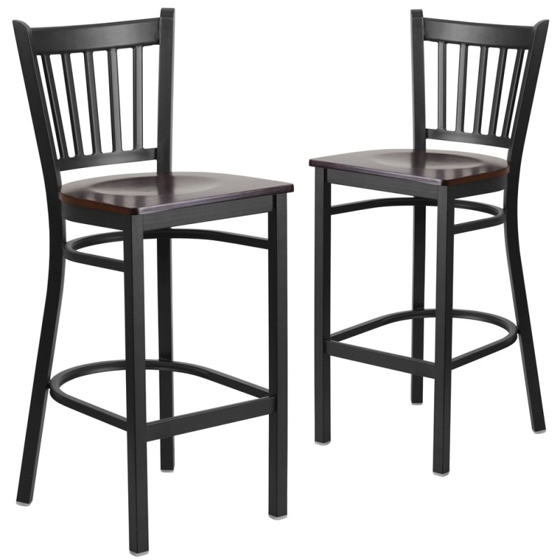 2 Pk. Black Vertical Back Metal Restaurant Barstool - Walnut Wood Seat