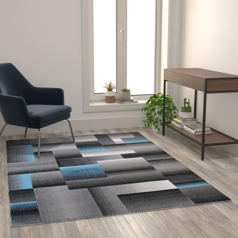 Elio Collection 5' X 7' Blue Color Blocked Area Rug - Olefin Rug With Jute Backing - Entryway, Living Room, Or Bedroom