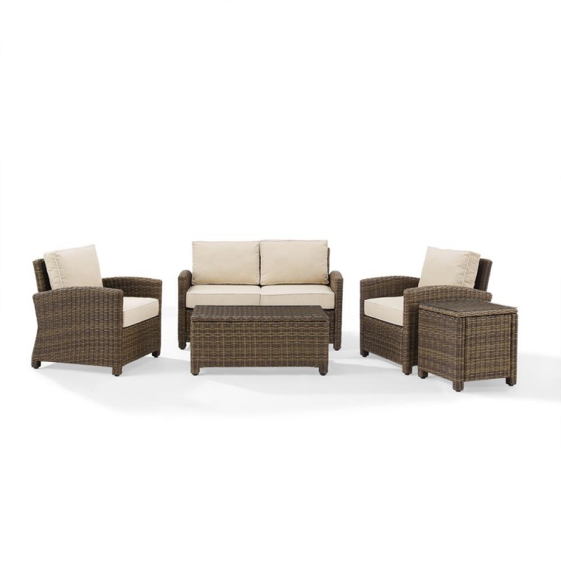 Bradenton 5Pc Outdoor Wicker Conversation Set Sand/Weathered Brown - Loveseat, 2 Arm Chairs, Side Table, Glass Top Table