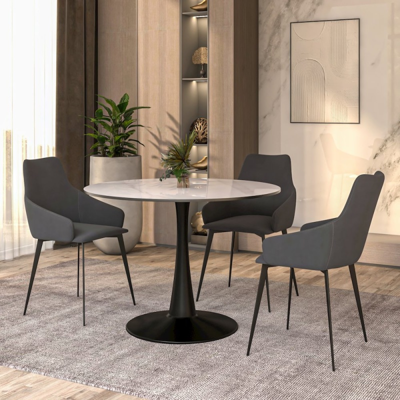 Bristol 40" Round Dining Table Black Base With White Sintered Stone Top
