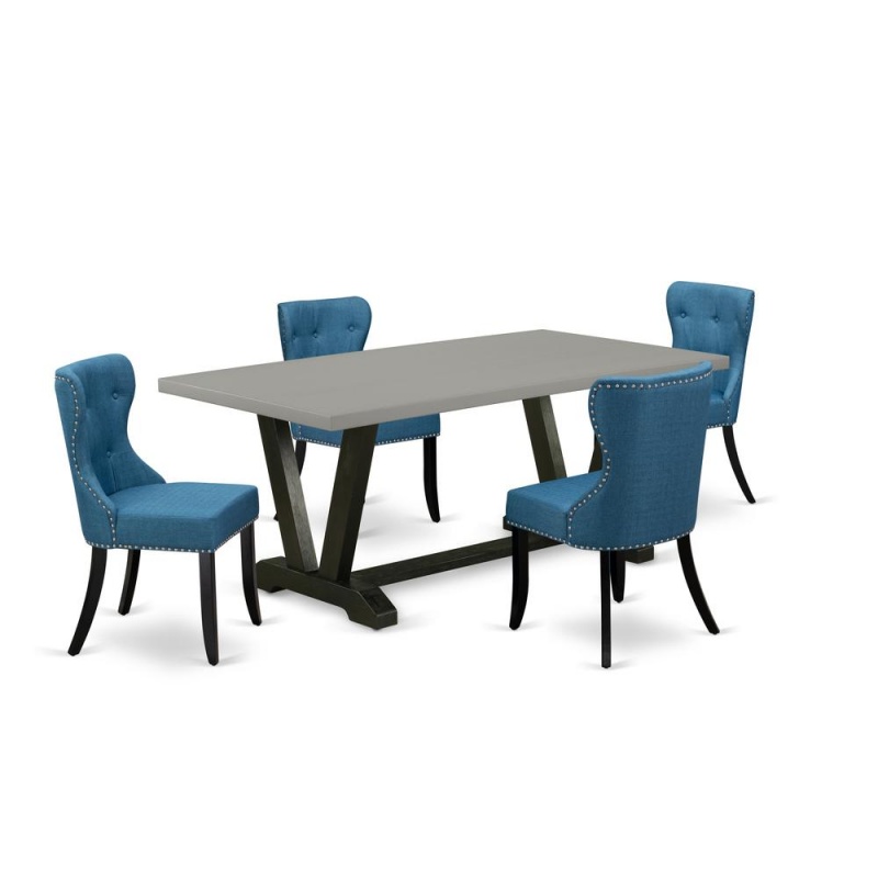 East West Furniture V697si121-5 5-Pc Modern Dining Table Set- 4 Parson Dining Chairs With Blue Linen Fabric Seat And Button Tufted Chair Back - Rectangular Table Top & Wooden Legs - Cement And Black f