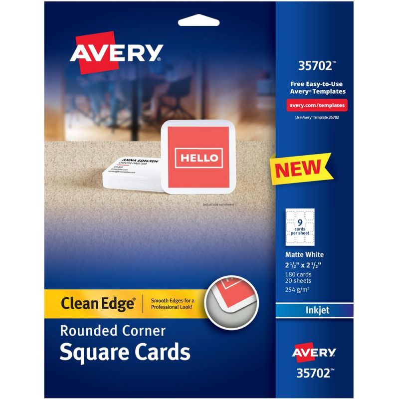 Avery® Clean Edge Inkjet Printable Multipurpose Card - White - 110 Brightness - 2 1/2" X 2 1/2" - 93 Lb Basis Weight - 254 G/m² Grammage - Matte - 180 / Pack