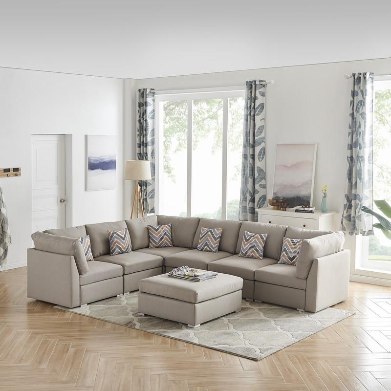 Amira Beige Fabric Reversible Modular Sectional Sofa W/ Ottoman & Pillows
