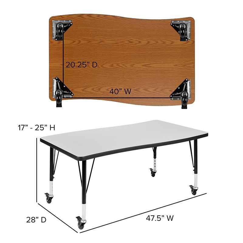 3 Piece Mobile 76" Oval Wave Collaborative Oak Thermal Laminate Activity Table Set - Height Adjustable Short Legs