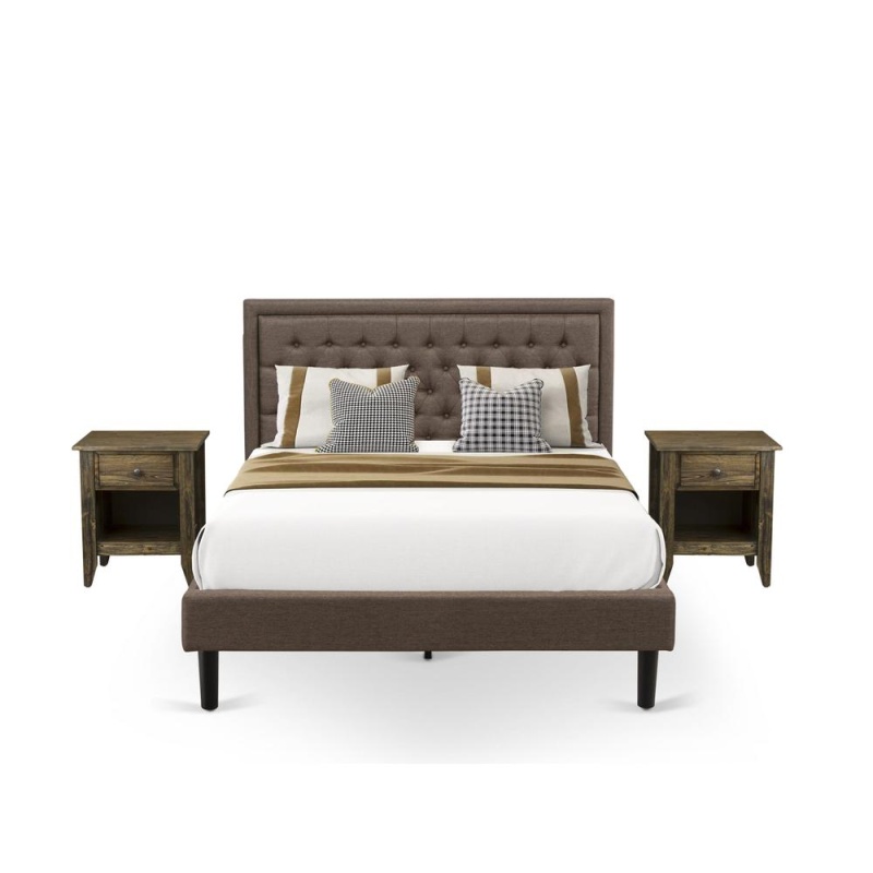 Kd18q-2Ga07 3 Pc Bed Set - Queen Size Bed Frame Brown Headboard With 2 Bedroom Nightstand - Black Finish Legs