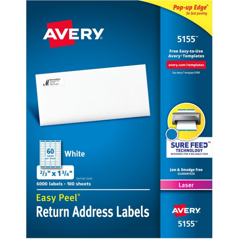 Avery® Easy Peel Mailing Laser Labels - 21/32" Width X 1 3/4" Length - Permanent Adhesive - Rectangle - Laser - White - Paper - 60 / Sheet - 100 Total Sheets - 6000 Total Label(S) - 6000 / Box