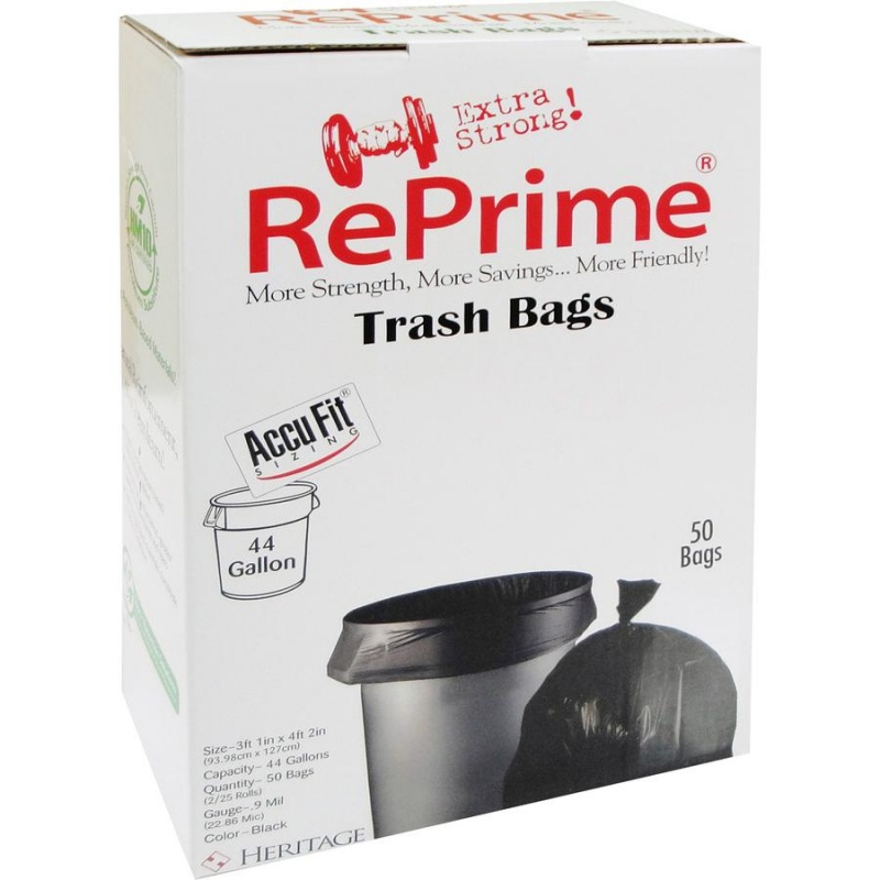 Heritage Reprime Accufit 44-Gal Can Liners - 44 Gal Capacity - 37" Width X 50" Length - 0.90 Mil (23 Micron) Thickness - Low Density - Black - Linear Low-Density Polyethylene (Lldpe) - 4/Carton - 50 p