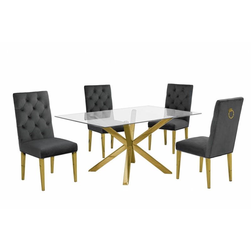 Contemporary 7Pc Dining Set, Glass Dining Table W/Stainless Steel Gold Base & Velvet Tufted Chrome Leg Dining Chairs, Dark Grey