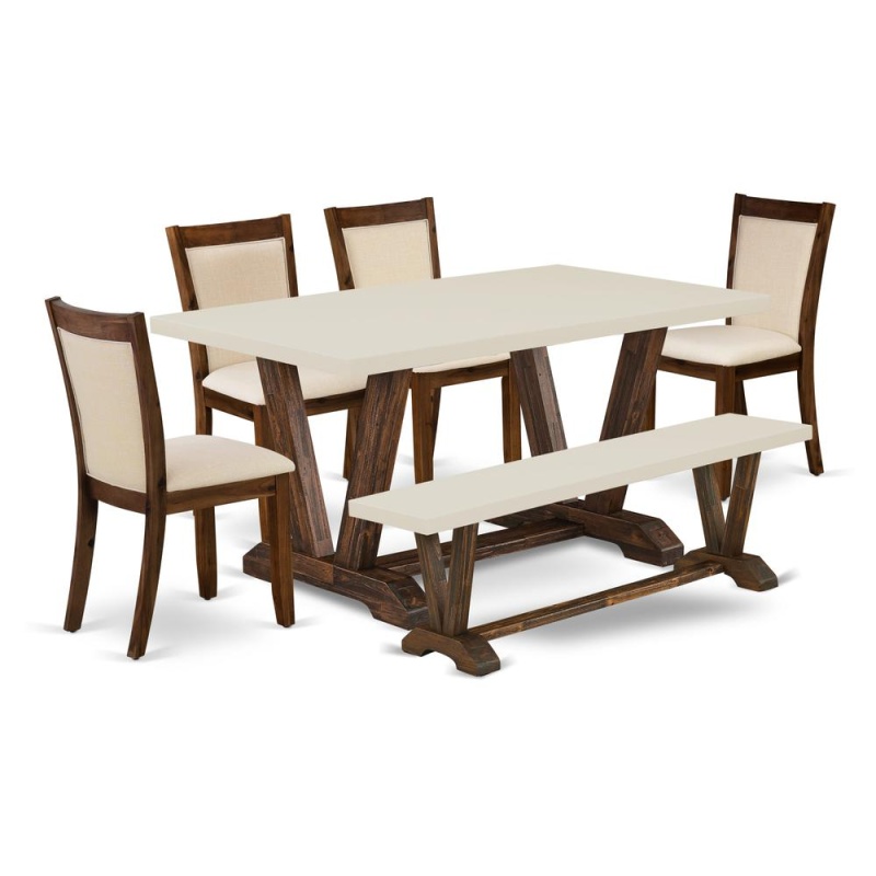 East West Furniture 6-Pc Dining Set - 1 Kitchen Table, A Dining Bench With Linen White Top And 4 Light Beige Linen Fabric Dining Chairs With Stylish Back - Distressed Jacobean Finish