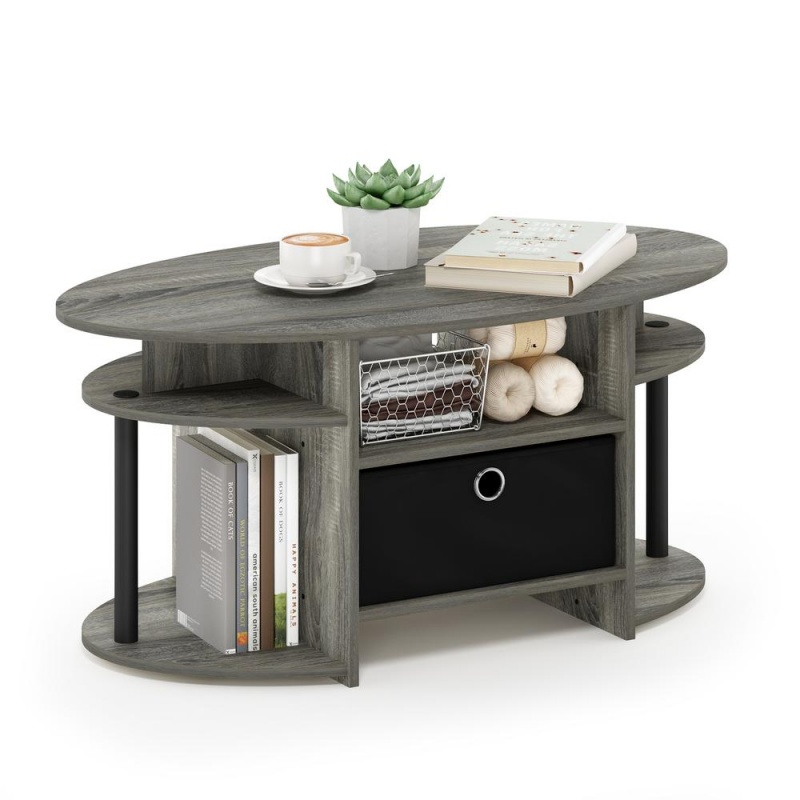 Furinno Jaya Simple Design Oval Coffee Table, French Oak Grey/Black/Black