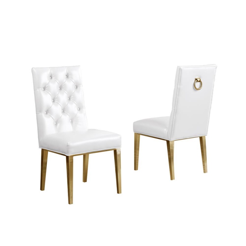 White Faux Leather Tufted Dining Side Chairs, Chrome Gold Legs - Set Of 2