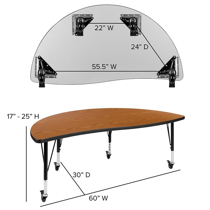 Mobile 60" Half Circle Wave Collaborative Oak Thermal Laminate Activity Table - Height Adjustable Short Legs