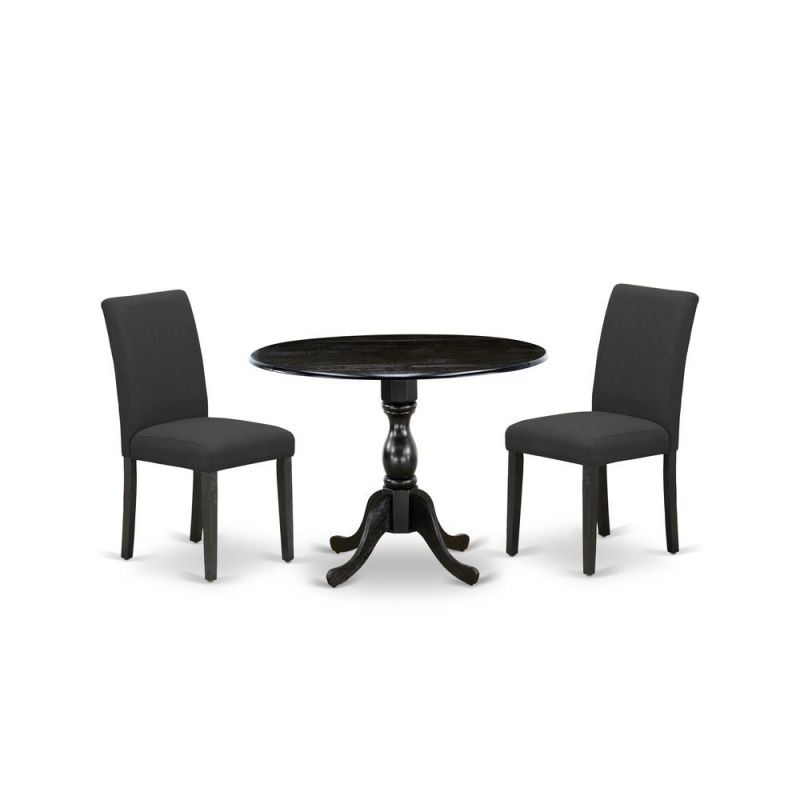 East West Furniture Dmab3-Abk-24 3 Piece Modern Dining Table Set Includes 1 Drop Leaves Dining Room Table And 2 Black Linen Fabric Padded Chair With High Back - Wire Brushed Black Finish
