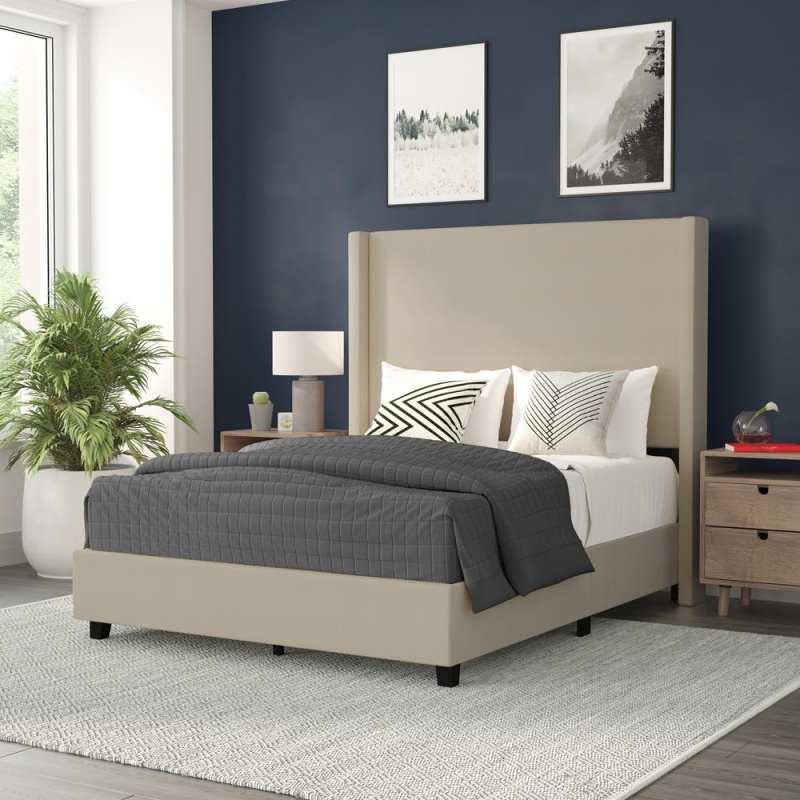 Quinn Full Upholstered Platform Bed With Channel Stitched Wingback Headboard, Mattress Foundation With Slatted Supports, No Box Spring Needed, Beige