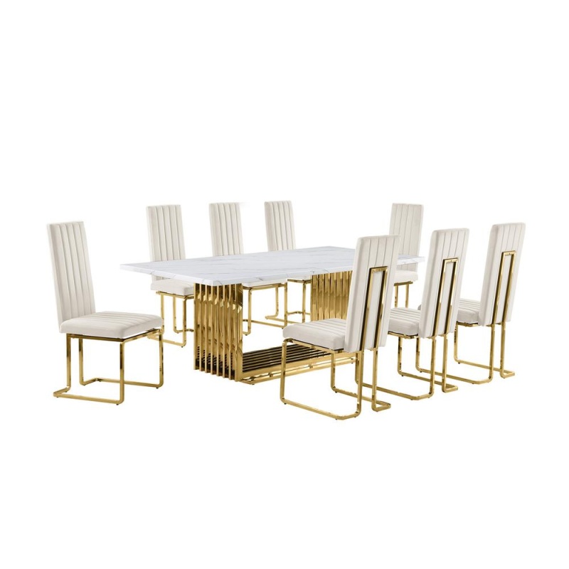 9Pc Large(79") Marble Top Dining Set With Gold Base And 8 Cream Side Chairs