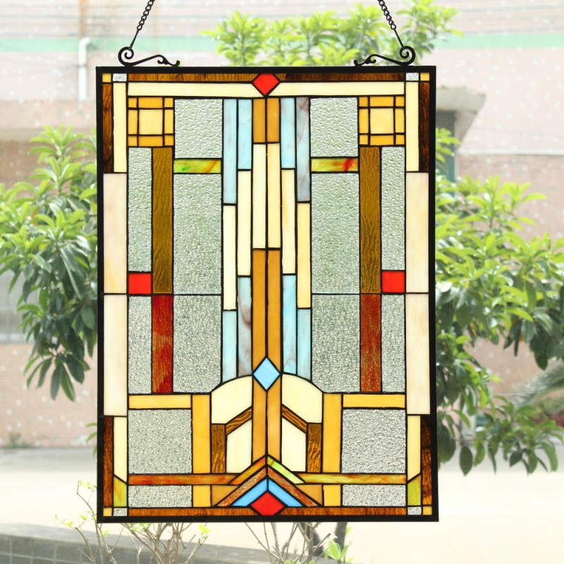 Chloe Lighting Joash Tiffany-Style Geometric Stained Glass Window Panel 24" Height