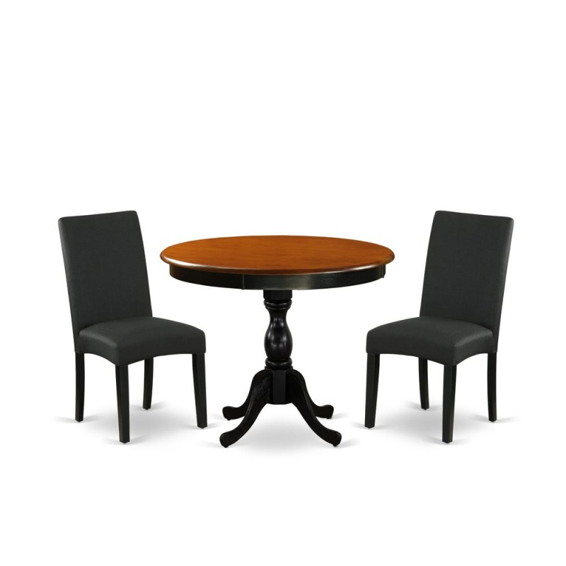 East West Furniture 3-Pc Dinner Table Set Contains A Round Dining Room Table And 2 Black Linen Fabric Parsons Chairs With High Back - Black Finish
