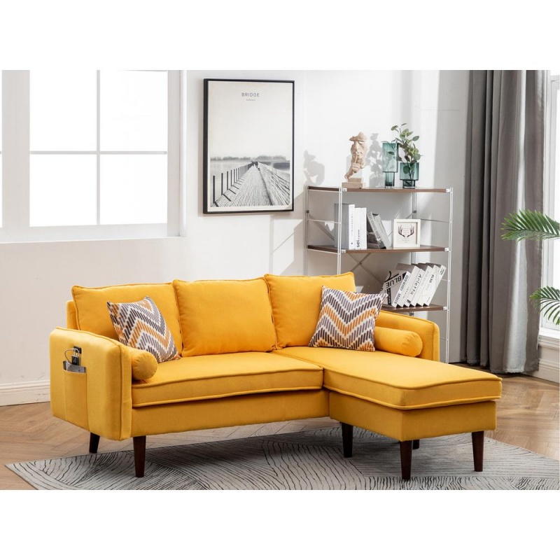 Mia Yellow Sectional Sofa Chaise With Usb Charger & Pillows