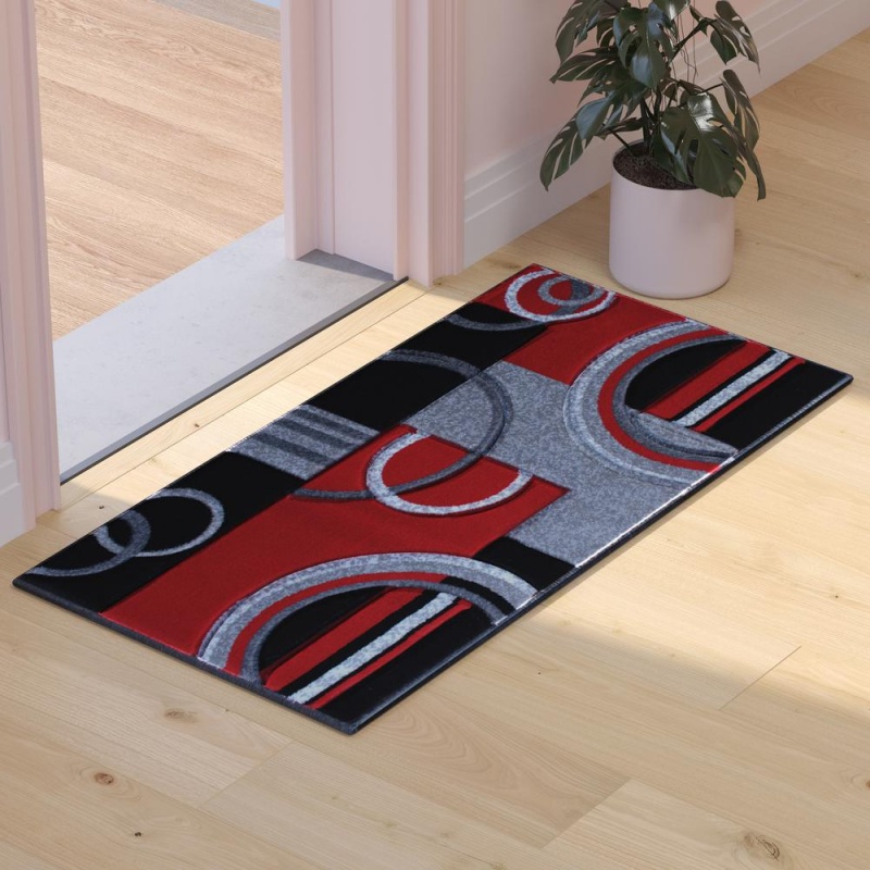 Audra Collection 2' X 3' Red Geometric Abstract Area Rug - Olefin Rug With Jute Backing - Entryway, Living Room, Or Bedroom