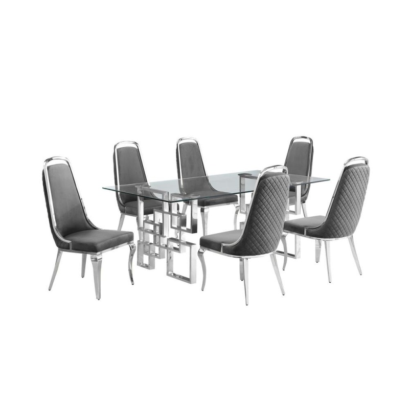 7-Piece Glam Dining Set With 6 Dark Grey Chairs And One 79" Glass Dining Table