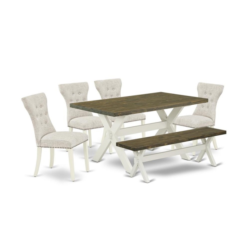 East West Furniture 6-Piece Wood Dining Table Set-Doeskin Linen Fabric Seat And Button Tufted Chair Back Modern Dining Chairs, A Rectangular Bench And Rectangular Top Kitchen Table With Wooden Legs -
