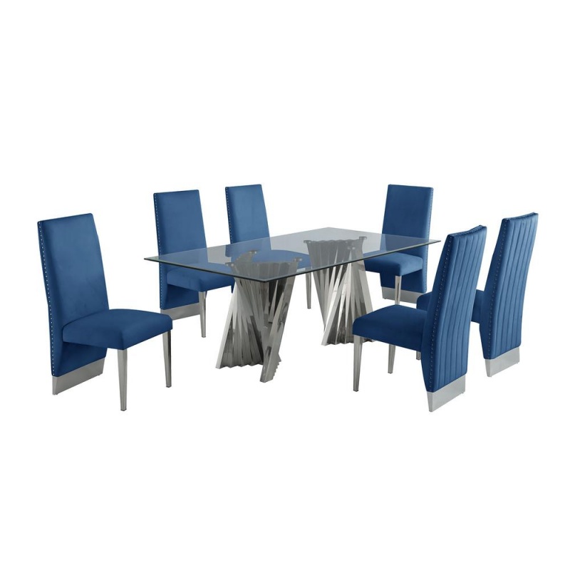 Classic 7Pc Dining Set W/Pleated Side Chair, Glass Table W/ Silver Spiral Base, Navy Blue