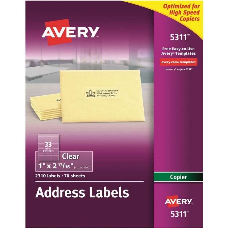 Avery® Address Label - 1" Width X 2 13/16" Length - Permanent Adhesive - Rectangle - Frosted Clear - Film - 33 / Sheet - 70 Total Sheets - 2310 Total Label(S) - 2310 / Box