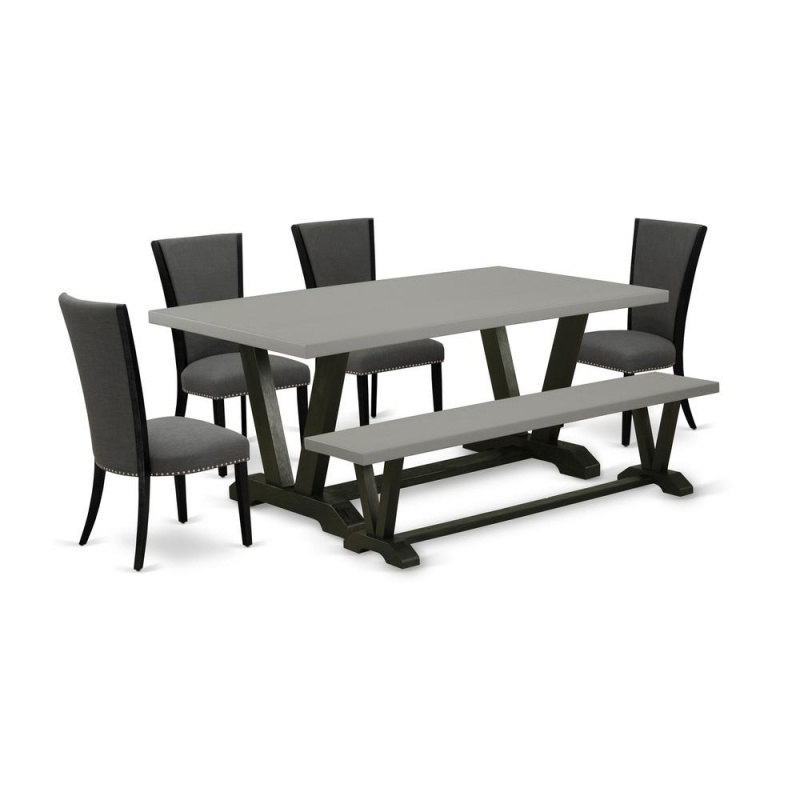 East West Furniture V697ve650-6 6 Piece Dining Table Set - 4 Dark Gotham Grey Linen Fabric Comfortable Chair With Nailheads And Cement Dining Room Table - 1 Dining Bench - Black Finish