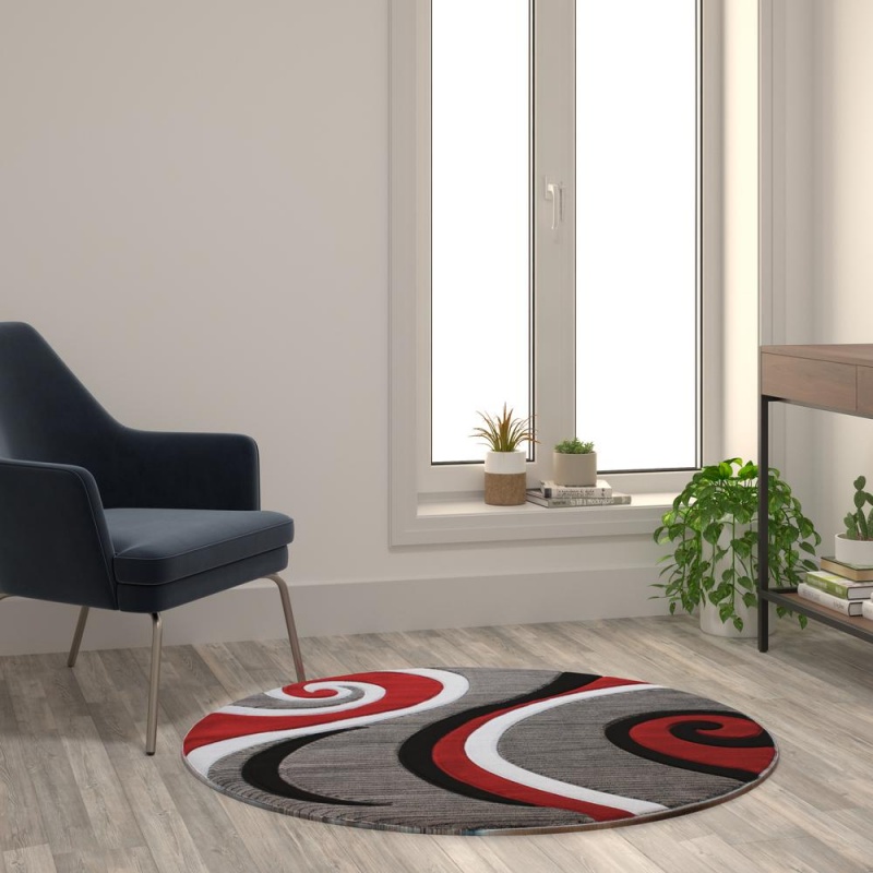 Athos Collection 4' X 4' Red Abstract Area Rug - Olefin Rug With Jute Backing - Hallway, Entryway, Or Bedroom