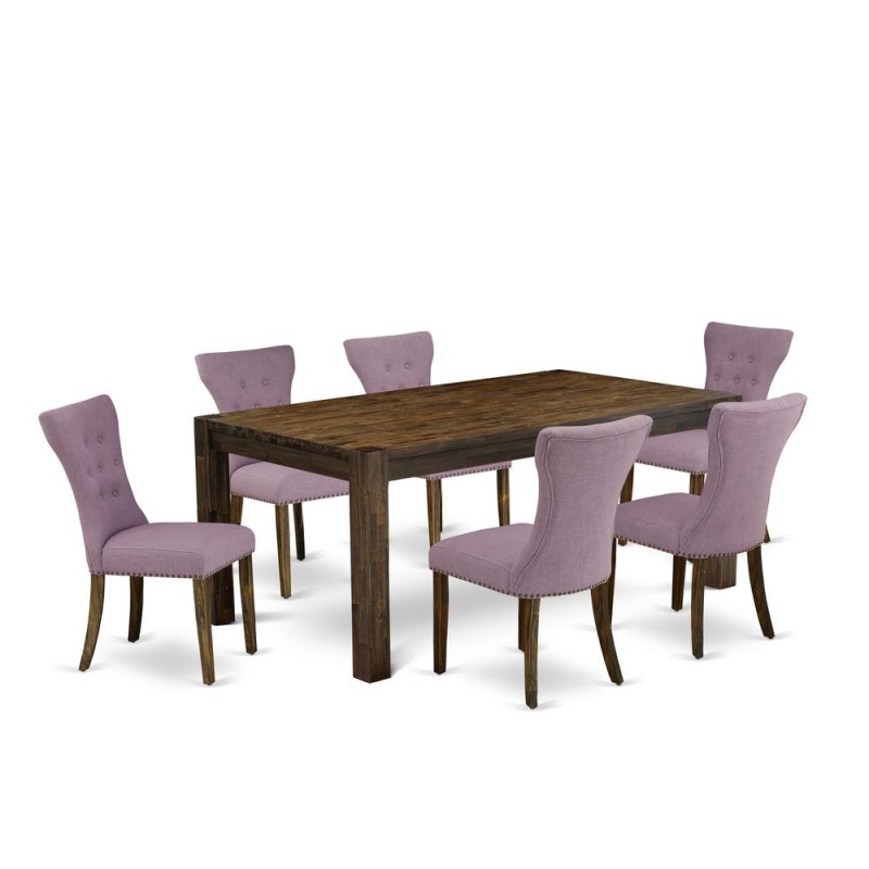 East West Furniture Lmga7-77-40 7-Piece Dining Room Table Set- 6 Kitchen Chairs With Dahlia Linen Fabric Seat And Button Tufted Chair Back - Rectangular Table Top & Wooden 4 Legs - Distressed Jacobean