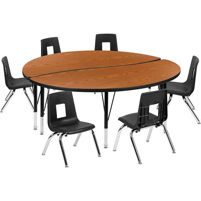60" Circle Wave Collaborative Laminate Activity Table Set With 14" Student Stack Chairs, Oak/Black
