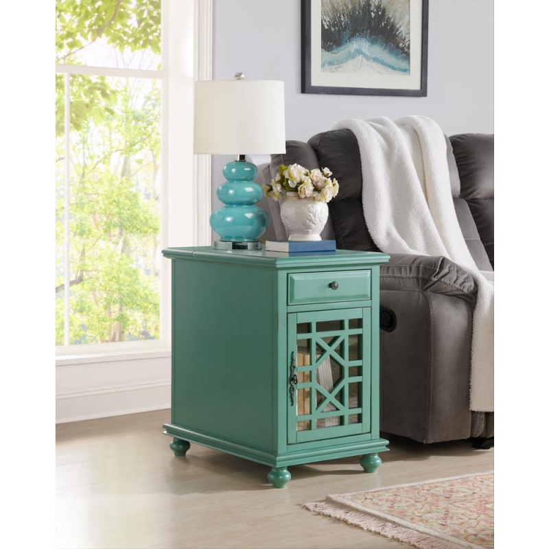 Elegant Chairside Table With Power, Antique Teal