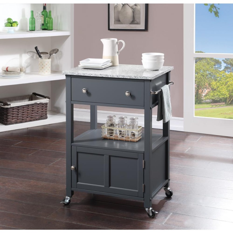 Os Home And Office Furniture Fairfax Model Gray Kitchen Cart With Doors, Towel Rack, And Drawer