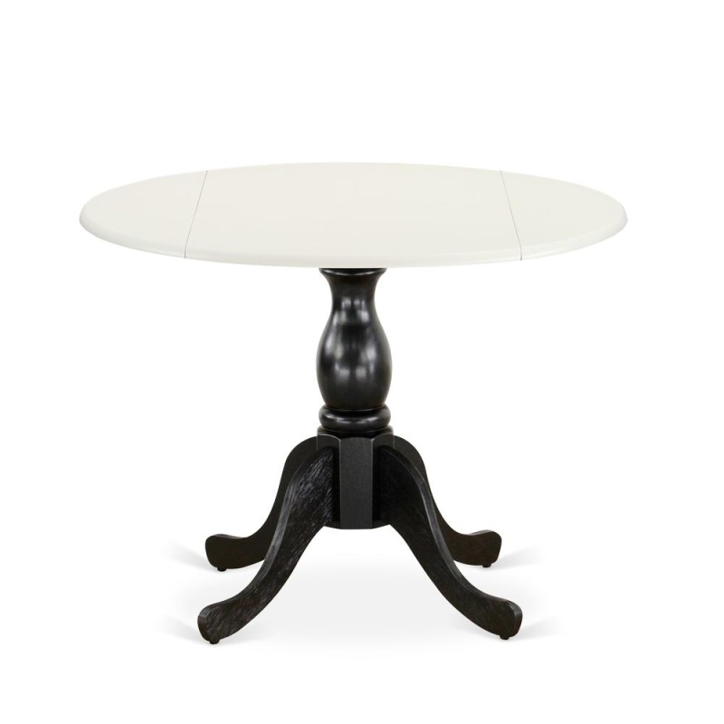 East West Furniture Round Kitchen Table With Drop Leaves - Linen White Table Top And Black Pedestal Leg Finish