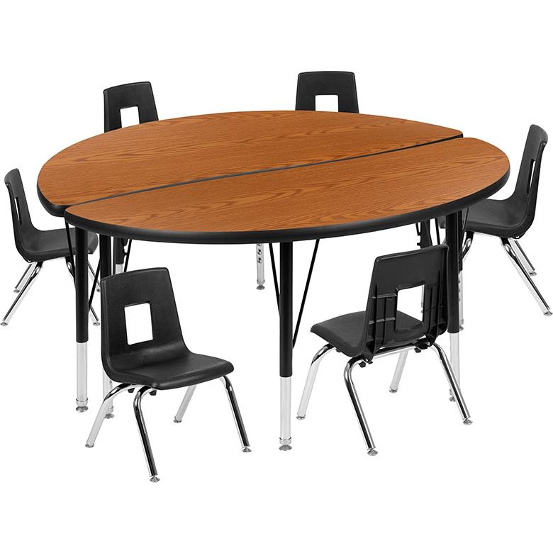 47.5" Circle Wave Collaborative Laminate Activity Table Set With 12" Student Stack Chairs, Oak/Black