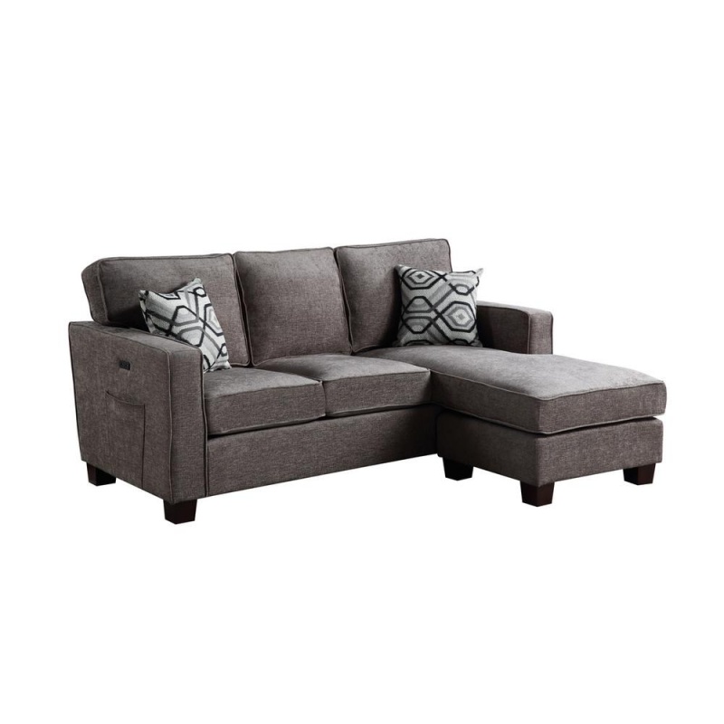Isaac Gray Linen Fabric Sectional Sofa Chaise With Usb Port