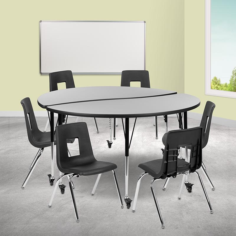 Mobile 60" Circle Wave Collaborative Laminate Activity Table Set With 18" Student Stack Chairs, Grey/Black