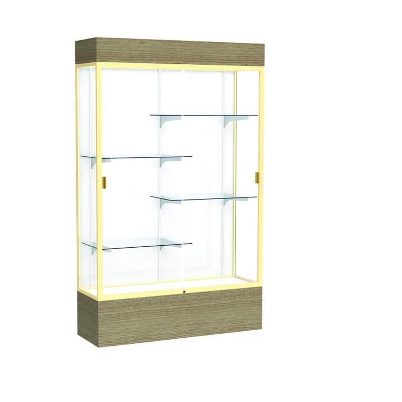 Reliant 48"W X 80"H X 16"D Lighted Floor Case, White Back, Champagne Finish, Driftwood Base