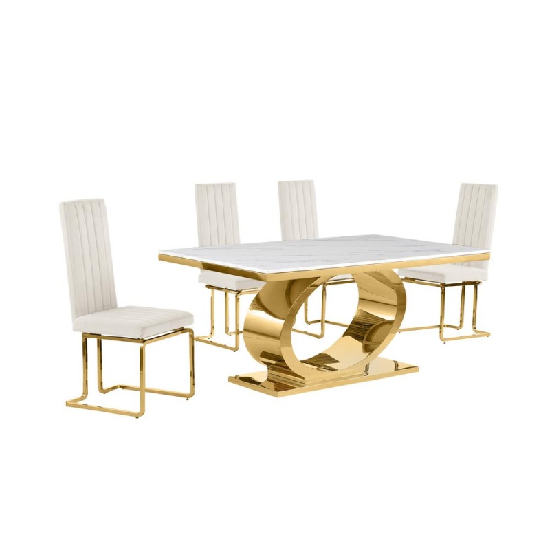 5Pc Small (68") Marble Top Dining Set with Gold Base and 4 Cream Side Chairs